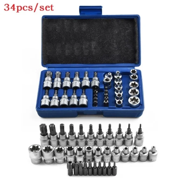 34PCS E-Type & Torx Socket Set – External Torx Socket & Bit Tool Kit for Automotive Repair